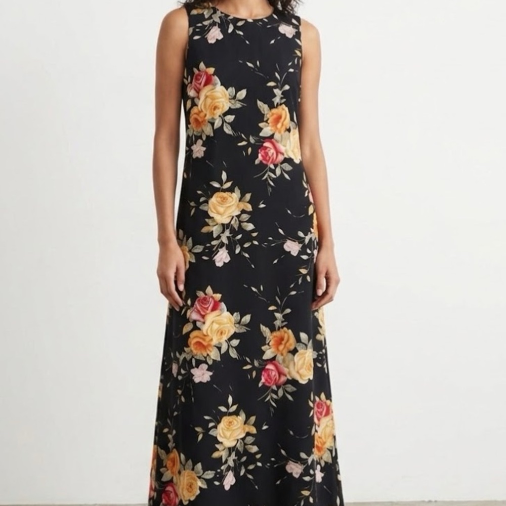 Vintage 90s Jennifer Moore Black Rose Floral Maxi Dress 10